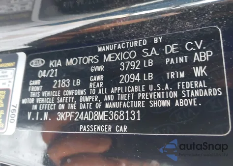 2021 Kia Forte Fe from USA, damaged, VIN 3KPF24AD8ME368131